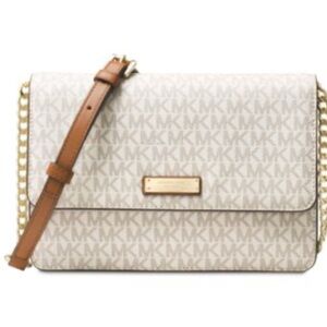 Michael Kors Cream and Tan Crossbody Bag with Gold Chain signature monogram